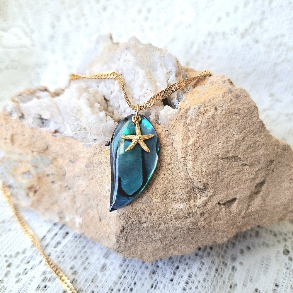 Nautical Beach Abalone Shell Pendant & Starfish Twisted Chain Neckace 18kgp 18"